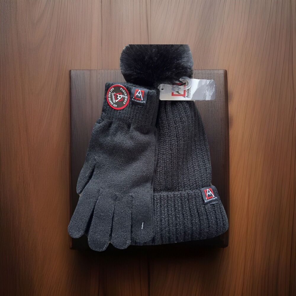Avalanche Outdoor Supply Company Plush Lined Winter Hat and Glove Set Black Pom